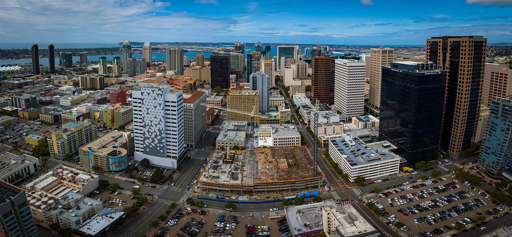 Panorama of Drone Progress Photography looking at Broadway Block Construction and Downtown San Diego