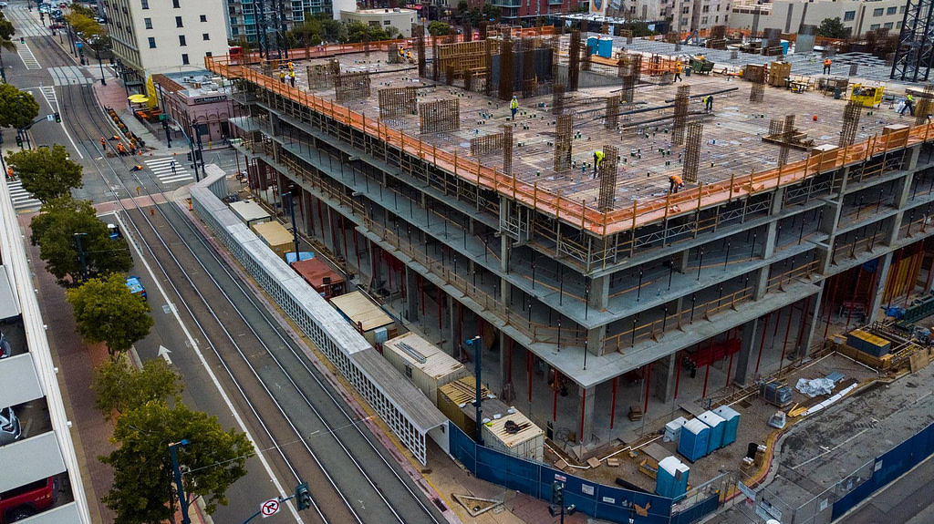 Drone photography looking Southeast toward Broadway Block construction