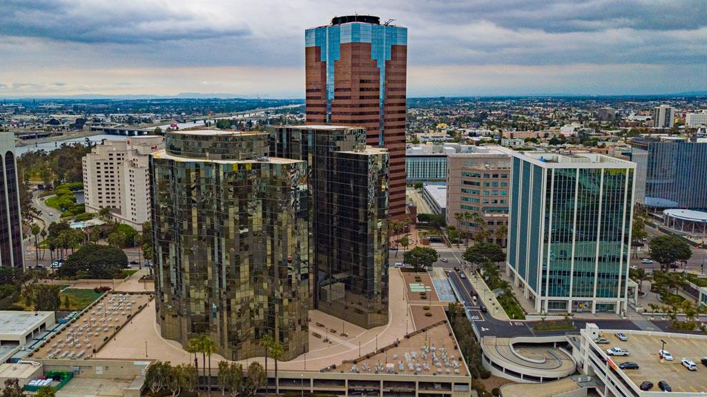 Aerial view of high rise buildings in Long Beach, CA