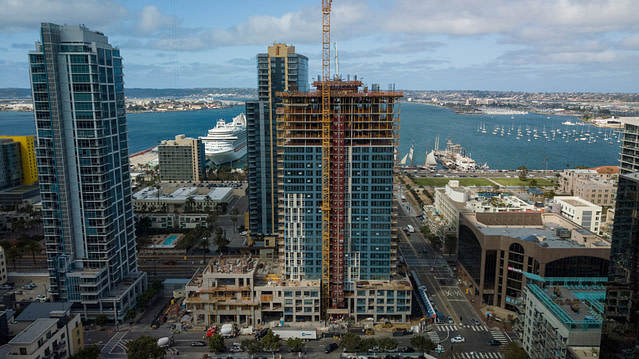 Wide shot Aerial Progress Photography of Savina building construction in downtown San Diegpo